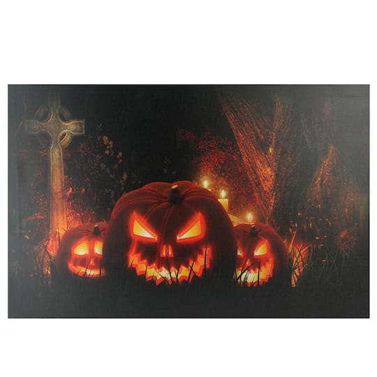 LED Lighted Jack-O-Lanterns in a Cemetery Halloween Canvas Wall Art